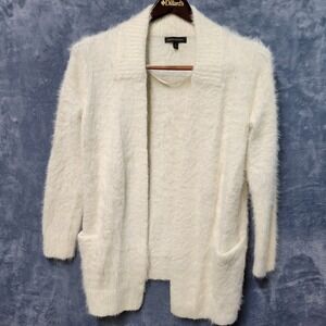 Banana Republic Ivory Fuzzy Eyelash Cardigan Sweater Open Front Pockets Size M